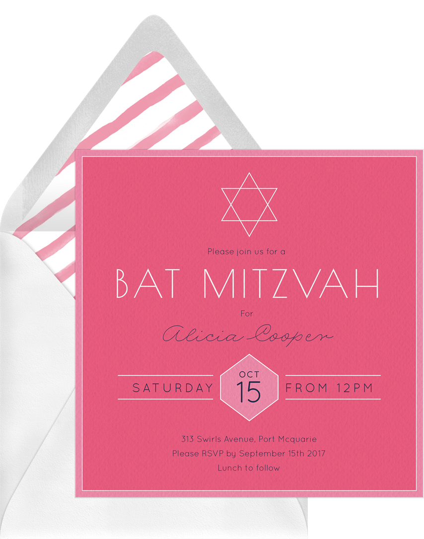 Simple Bat Mitzvah Invitations In Pink Greenvelope