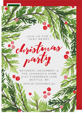 'Watercolor Evergreen Sprigs' Christmas Party Invitation