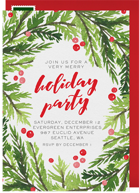 'Watercolor Evergreen Sprigs' Business Holiday Party Invitation