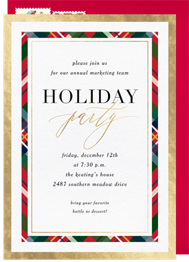 'Foil Plaid Border' Business Holiday Party Invitation