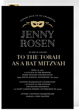 'Gold Masquerade' Bat Mitzvah Invitation