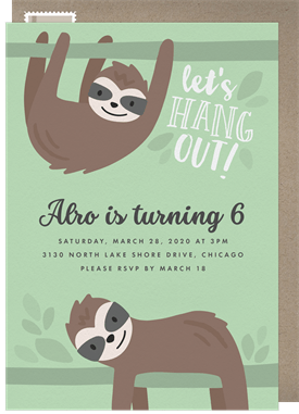 'Sloth Hang Out' Kids Birthday Invitation
