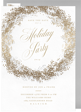 'Gold Confetti Wreath' Holiday Party Save the Date