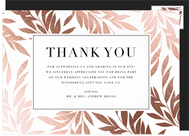 'Rose Gold Leaves' Wedding Thank You Note