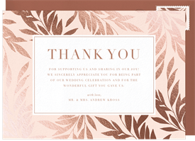 'Rose Gold Leaves' Wedding Thank You Note