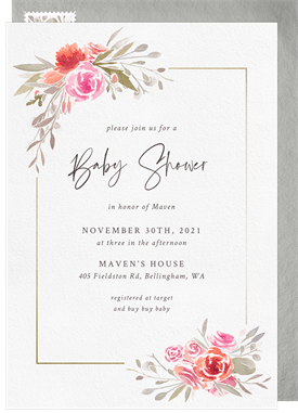 'Watercolor Floral Border' Baby Shower Invitation