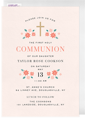 'Florals and Cross' First Communion Invitation