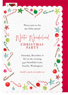 'Scalloped Candy Cane Border' Christmas Party Invitation