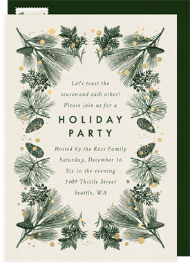'Delicate Evergreen Border' Holiday Party Invitation