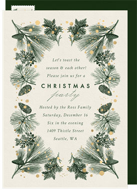 'Delicate Evergreen Border' Christmas Party Invitation