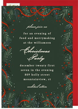 'Beribboned Evergreen Border' Christmas Party Invitation