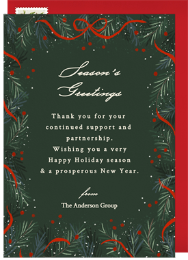 'Beribboned Evergreen Border' Business Holiday Greetings Card