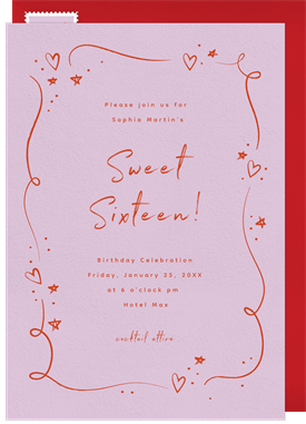'Doodle Hearts and Stars' Sweet 16 Invitation