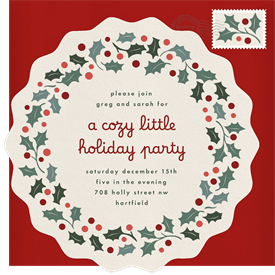 'Letterpress Holly Wreath' Holiday Party Invitation