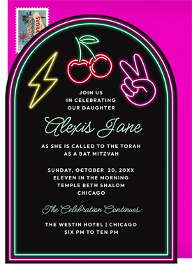 'Neon Signs' Bat Mitzvah Invitation