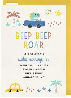 'Beep Beep Roar' Kids Birthday Invitation