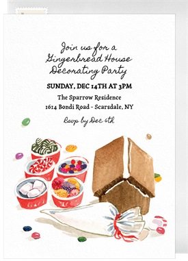 'Watercolor Gingerbread House' Holiday Party Invitation