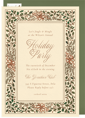 'Gilded Evergreen Frame' Holiday Party Invitation