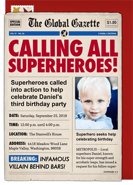 'Calling All Superheroes' Kids Birthday Invitation