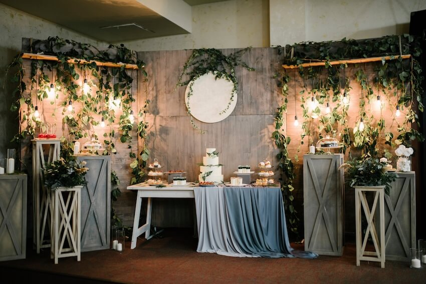 Wedding cake and various desserts on a table