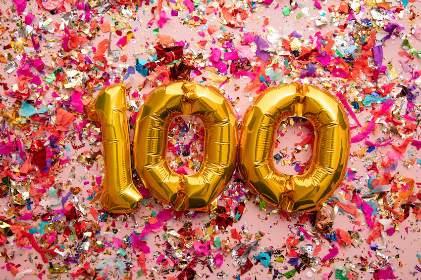 100th birthday balloons and colorful confetti