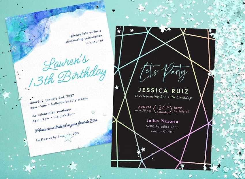 13th birthday party ideas girl: 2 birthday invitation cards scattered with small star-shaped confetti and glitters
