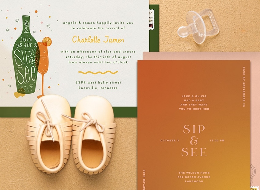 2 sip and see invitations, a pair of baby shoes, and a pacifier