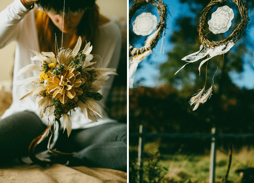 #DIY dreamcatchers + dried flowers and feather bouquet | Boho chic #Greenvelope wedding with photography by Caroline Ghetes