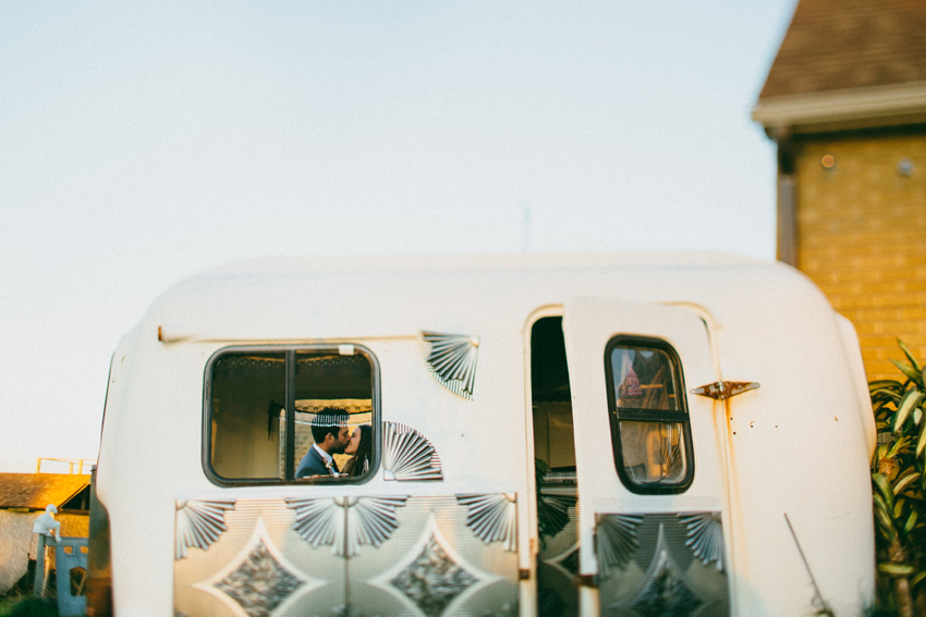 Unique wedding photo idea! Bohemian camper for engagement or wedding day photo