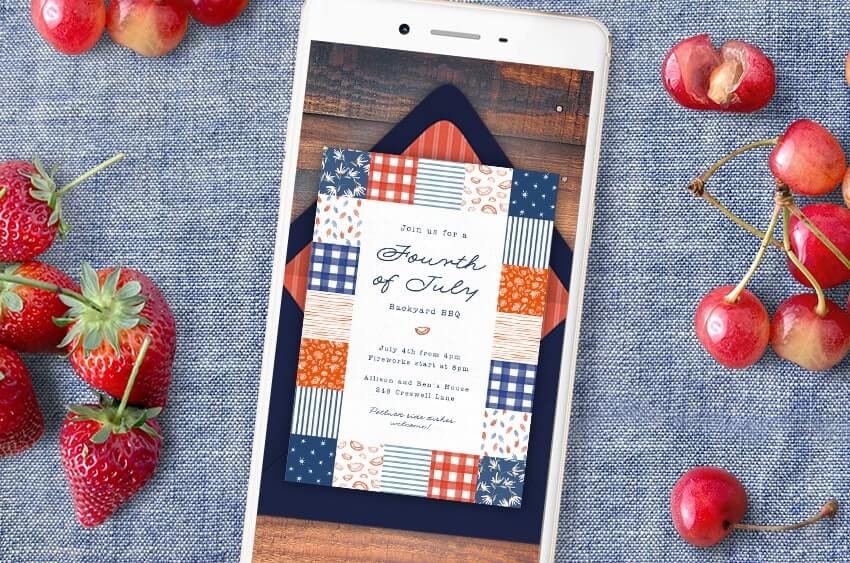4th of July party card on a phone screen
