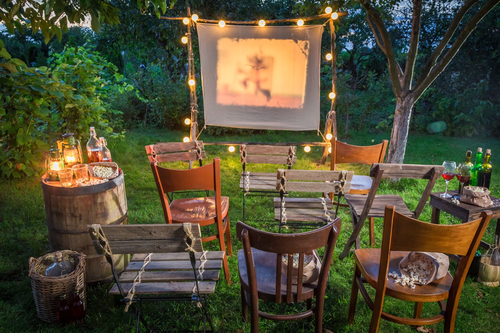 An outdoor movie night setup in the garden