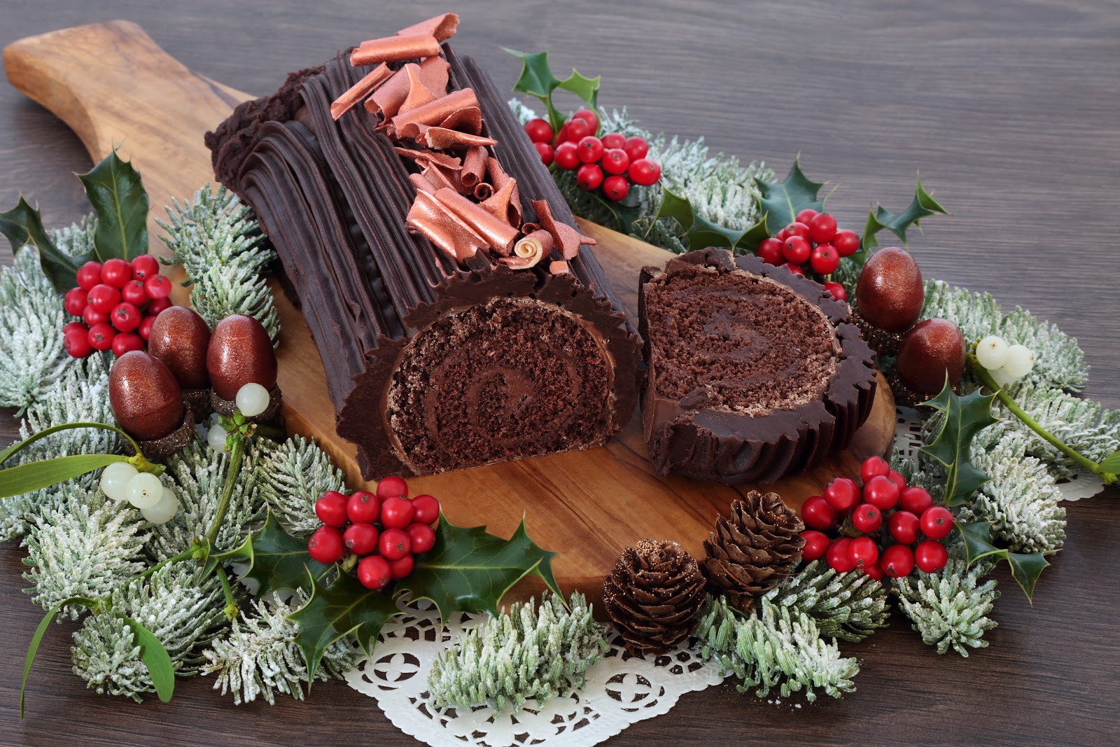 Christmas party food ideas: A chocolate yule log Swiss roll