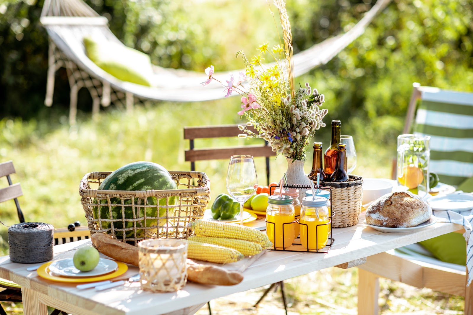 backyard picnic ideas: Setup for a backyard picnic with a hammock in the background