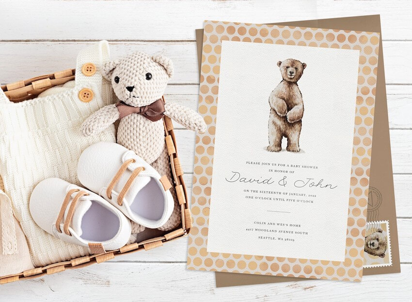 Teddy bear theme baby shower: Baby Bear Invitation with baby accessories