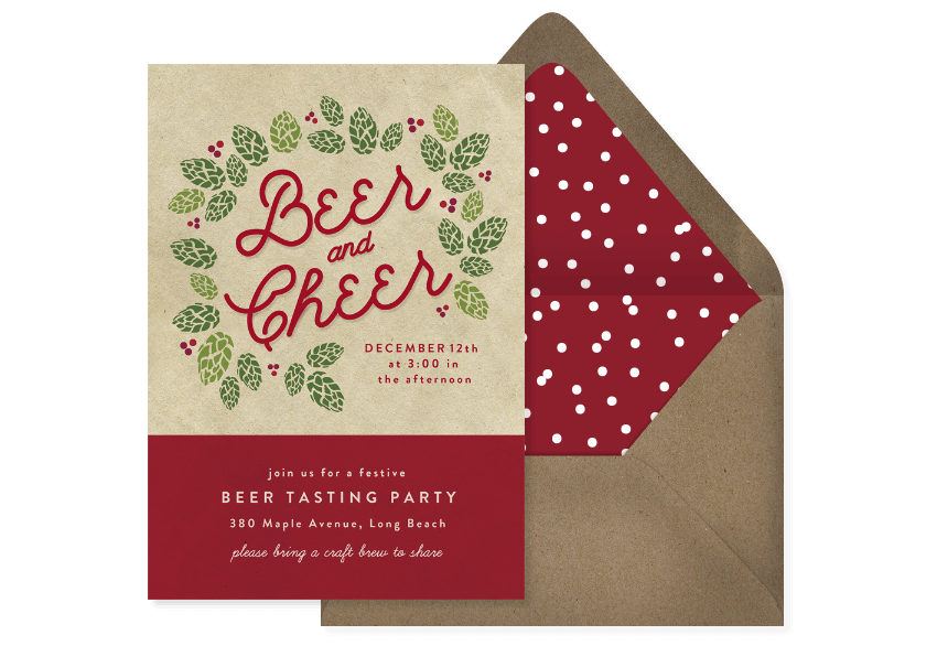 Kraft paper invitation with hops that reads "Beer and Cheer"