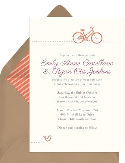 Whimsical wedding themes: Bikes and Birds Invitation