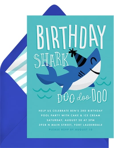 Birthday invitation text: Birthday Shark Invitation