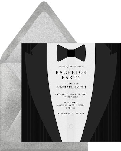 Bachelor party decorations: Black Tux Invitation