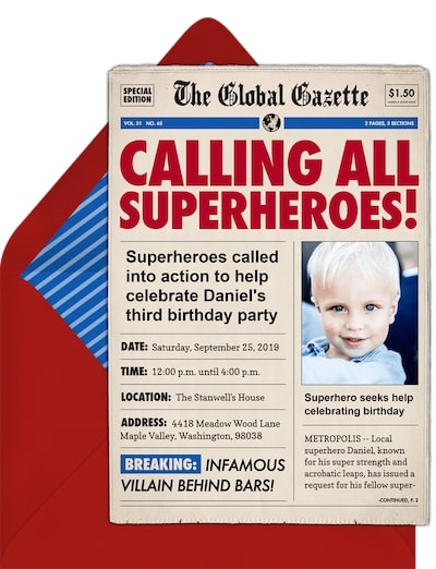 Superhero birthday invitations: Calling All Superheroes Invitation