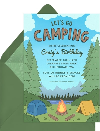 40th birthday party ideas for men: Camping Adventure Invitation