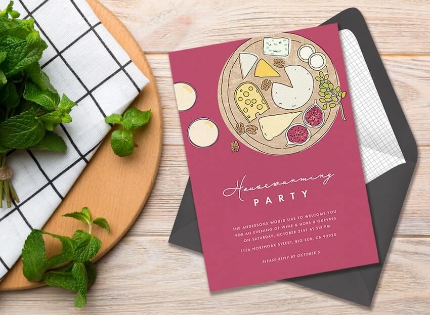 Housewarming party: Cheese Board Dream Invitation on a table