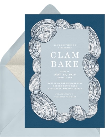 Seafood boil party ideas: Nautical themed clam bake invitation from Greenvelope