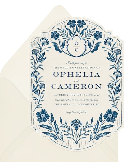 Digital wedding invitations: Etched Floral Crest Invitation