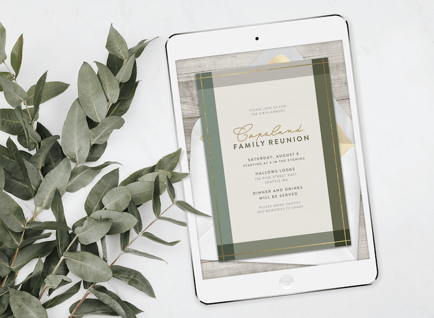 An online family reunion invitation on a tablet, surrounded by greenery