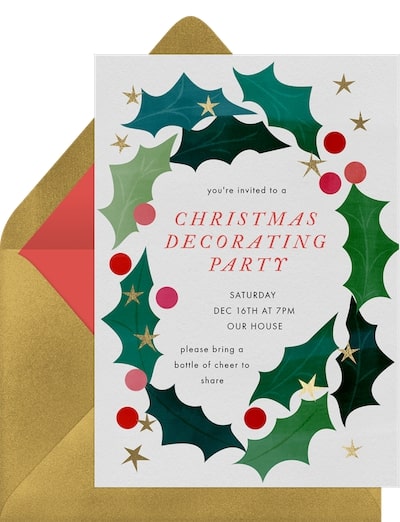 Christmas Eve invitation: Festive Holly Wreath Invitation
