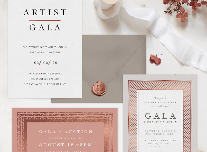 Three gala invitations with an envelope, wax seal, ribbon, and flowers