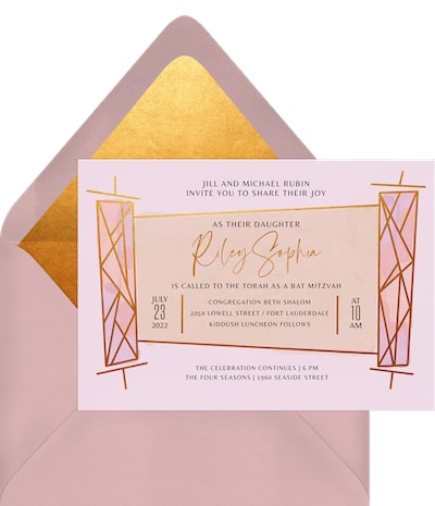 Bat mitzvah party: Geometric Torah Invitation