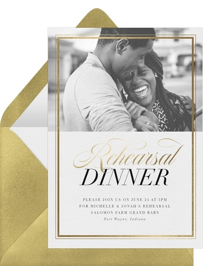 Rehearsal dinner invitations: Gold Frame Invitation