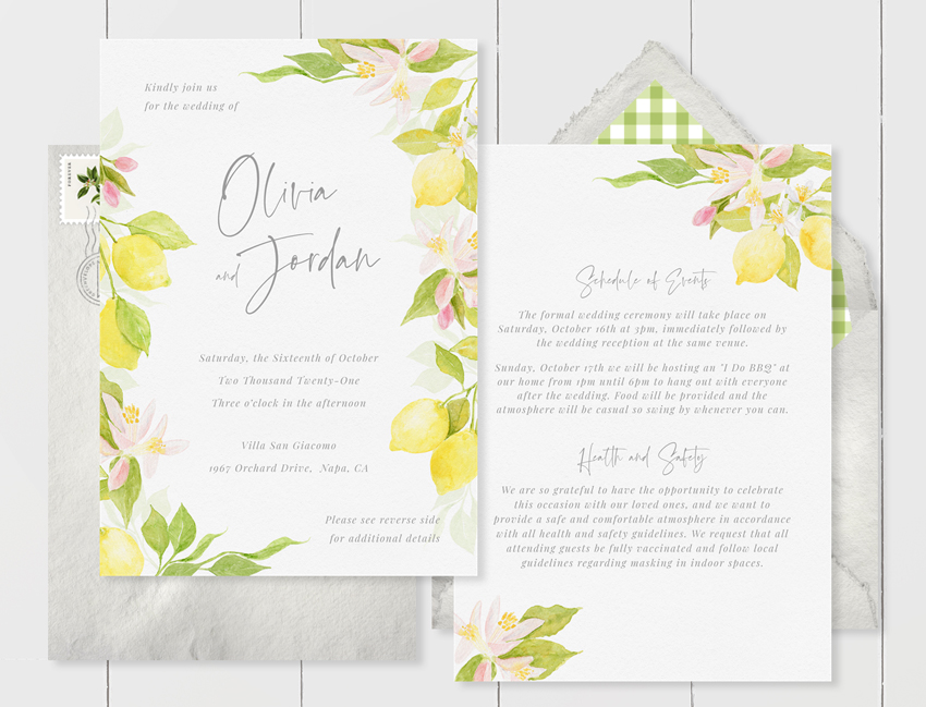 double-sided wedding invitation with painted yellow lemons that includes an example of covid vaccination requirement wording