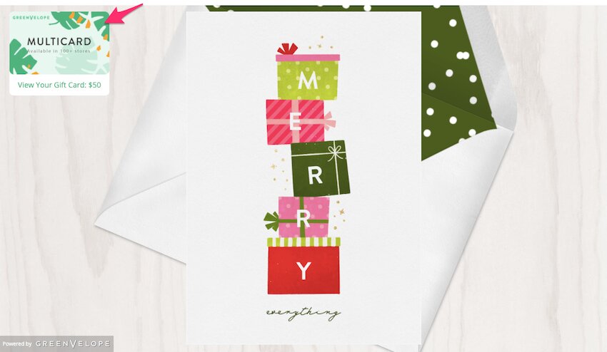 Greenvelope's virtual holiday card with a gift card